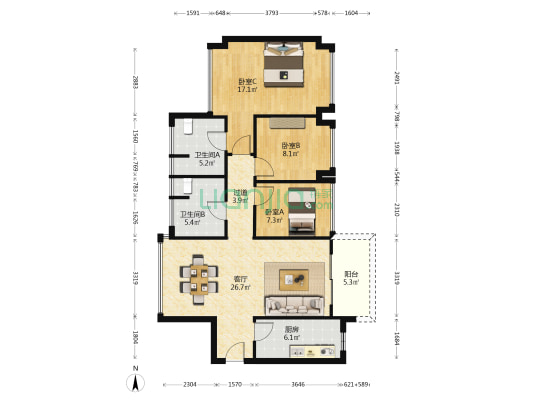 越秀和樾府五期 3室1厅2卫 96平方