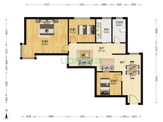 创业家园 3室1厅1卫 122平方