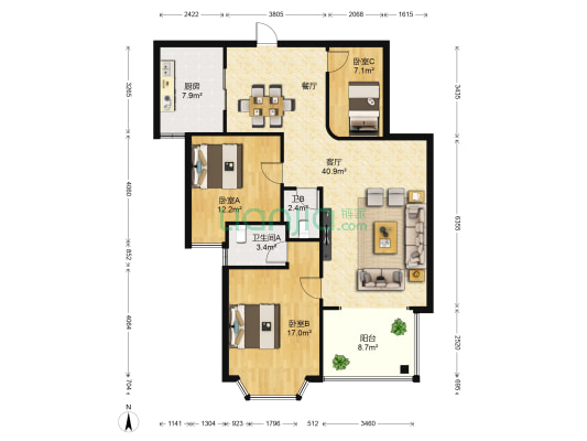 白金瀚 3室1厅2卫 121平方