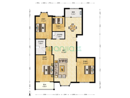 漪汾华苑北区 4室1厅2卫 162平方