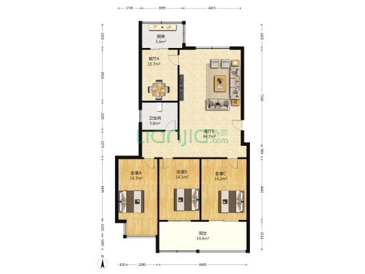景苑小区 3室2厅1卫 134平方