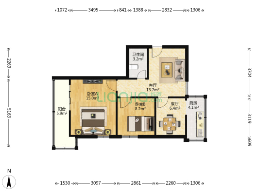 纺织城东街227号 2室2厅1卫 66平方