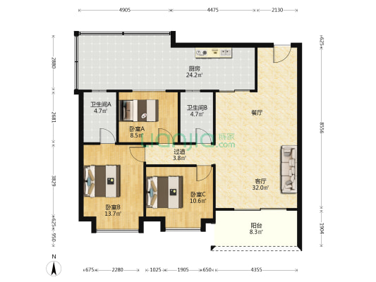 聚龙居 3室1厅2卫 114平方