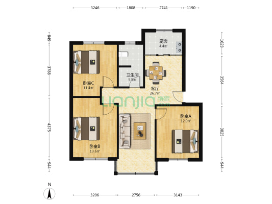 陆家角新村二区 3室1厅1卫 91平方