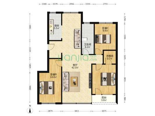 德贤华府一期 3室1厅1卫 109平方