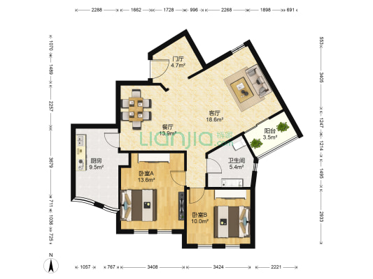 城市经典四期高迪 2室2厅1卫 106平方