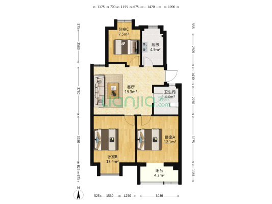 海华三和嘉园 3室1厅1卫 77平方