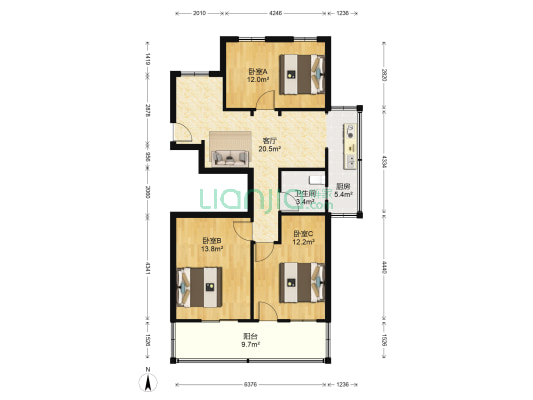 市政路 3室1厅1卫 75平方