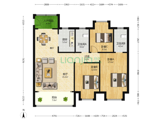力生汉江樾 3室1厅2卫 125平方