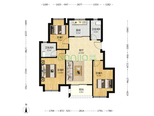 上坤云栖麓 3室1厅2卫 90平方