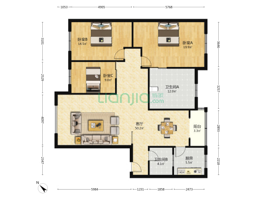 银杏嘉园 3室1厅2卫 147平方