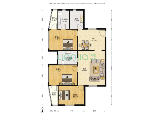 金元公寓 3室2厅2卫 135平方