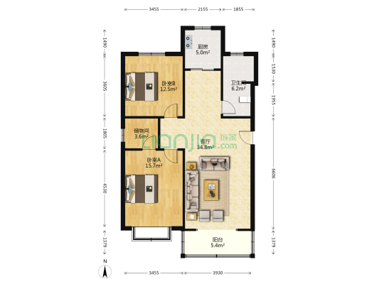 豪门庄园 2室1厅1卫 106平方