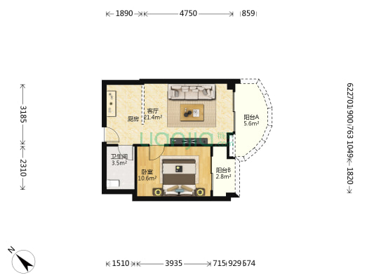 奥园养生广场 1室1厅1卫 58平方
