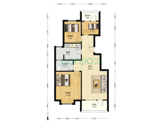 洋房 一梯两户 南北通透   央企社区-户型图