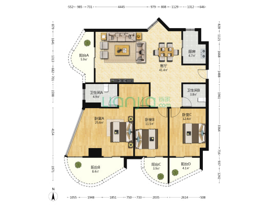 中山海景广场 3室1厅2卫 145平方