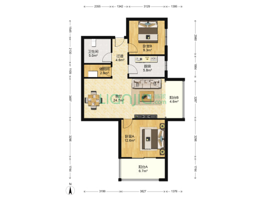 华茂商厦 2室1厅1卫 103平方