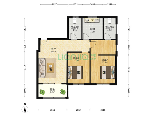 兴鹏大厦 2室1厅2卫 106平方