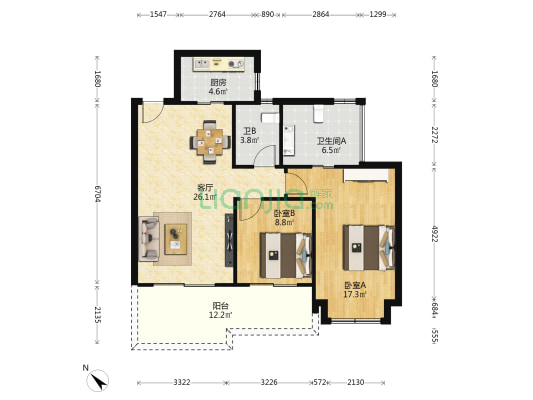 公园88号 2室1厅2卫 93平方