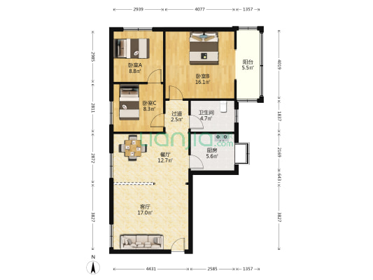 将军公寓 3室2厅1卫 102平方