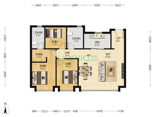 融创时代奥城DK3 3室1厅2卫 115平方