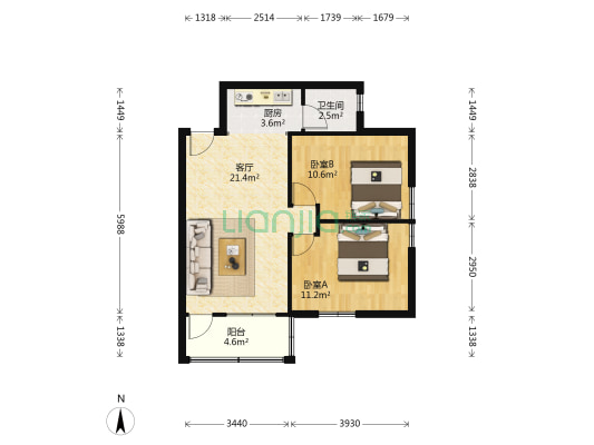 远洋棠下小区 2室1厅1卫 65平方