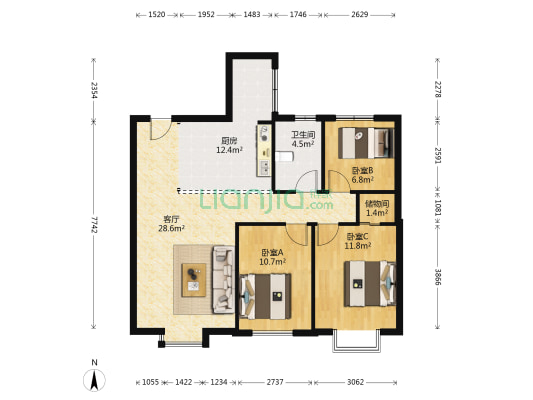 融创中园 3室1厅1卫 108平方