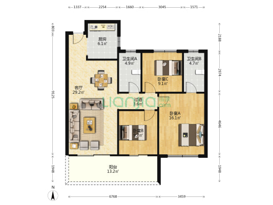 春晖花园 3室1厅2卫 117平方