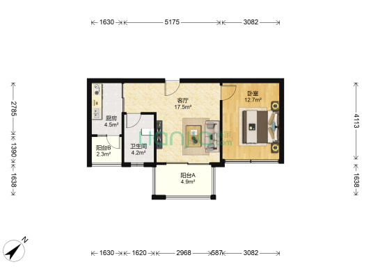 丽都世家B区 1室1厅1卫 53平方