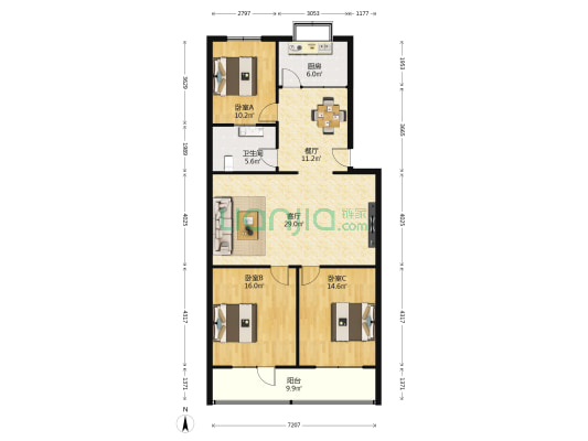 桔香园 3室2厅1卫 132平方
