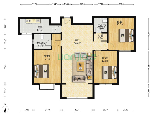 西江华府二区 3室1厅2卫 135平方