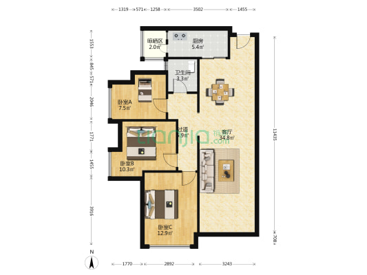财信·半岛华庭 3室1厅1卫 101平方
