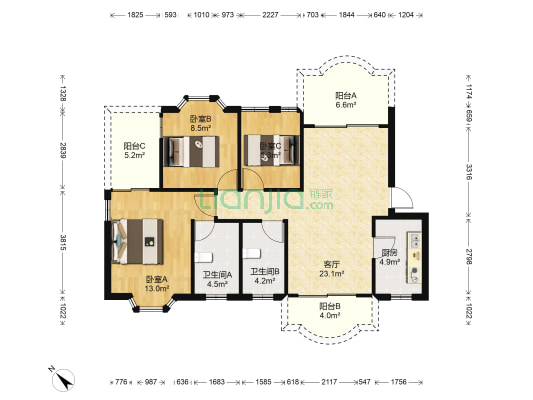帝豪花園 3室1厅2卫 87平方