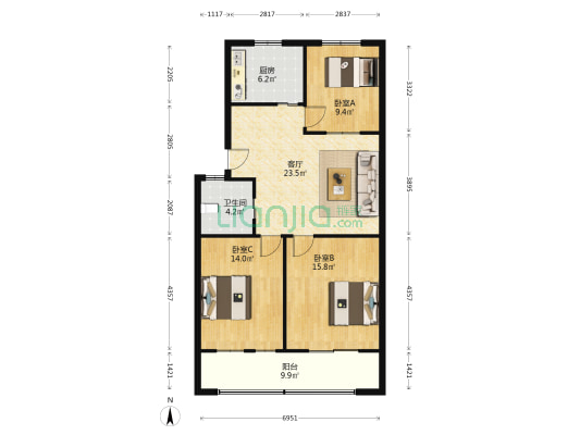 百货公司宿舍 3室1厅1卫 94平方