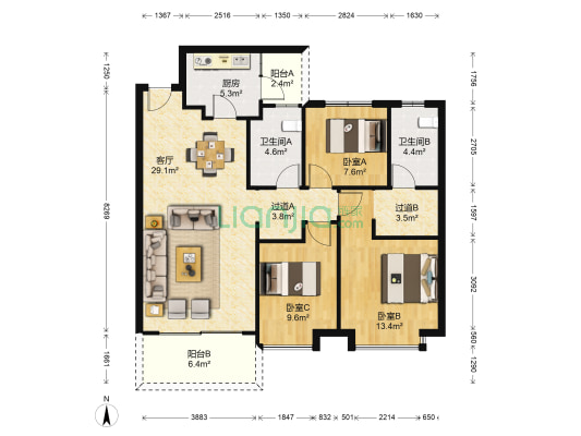 恒大养生谷一期 3室1厅2卫 120平方