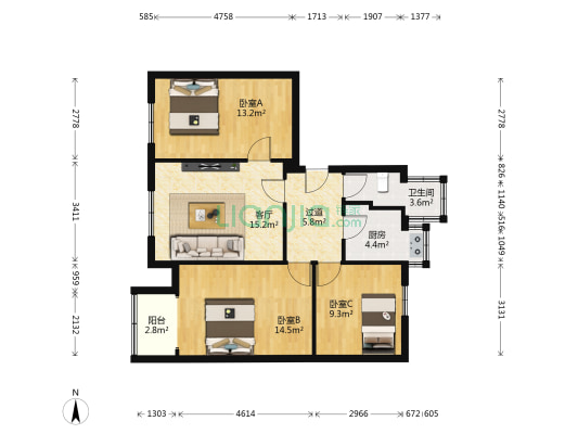 铭功路141号 3室1厅1卫 84平方