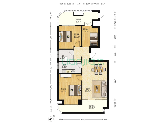 首开·美墅湾 3室1厅1卫 100平方