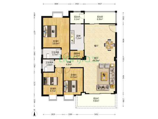 滨海阳光 3室1厅2卫 135平方