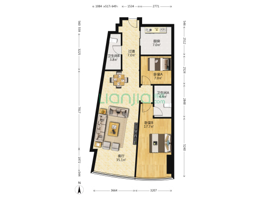 天玺世茂海峡大厦 2室1厅2卫 142平方