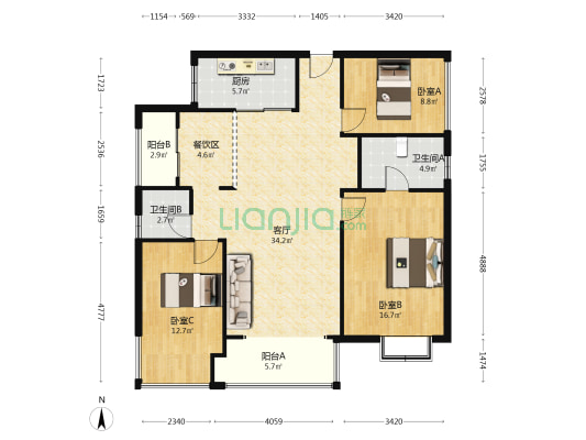 中建亮月湖 3室1厅2卫 128平方