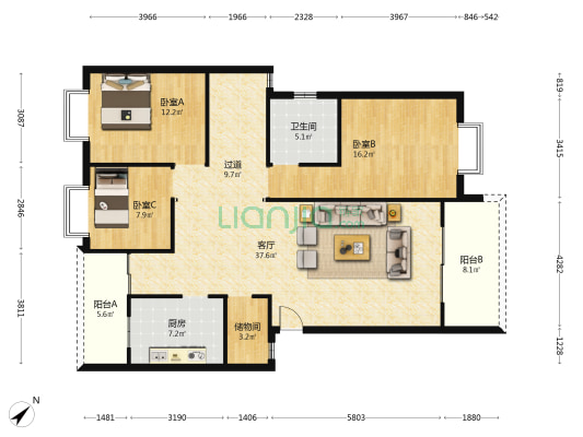 青海昆仑世纪花园 3室1厅1卫 166平方
