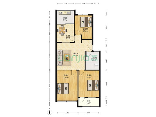长运小区 3室2厅1卫 107平方