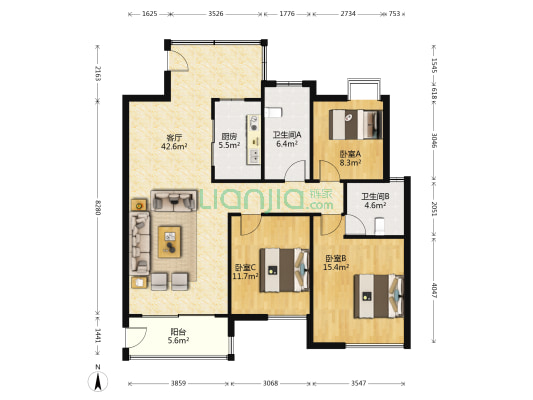 元一蔚蓝观邸 3室1厅2卫 130平方