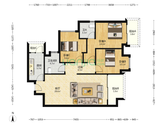 同森锦樾壹号二期 3室1厅2卫 120平方