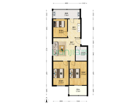 公园路工商局宿舍 3室2厅1卫 87平方
