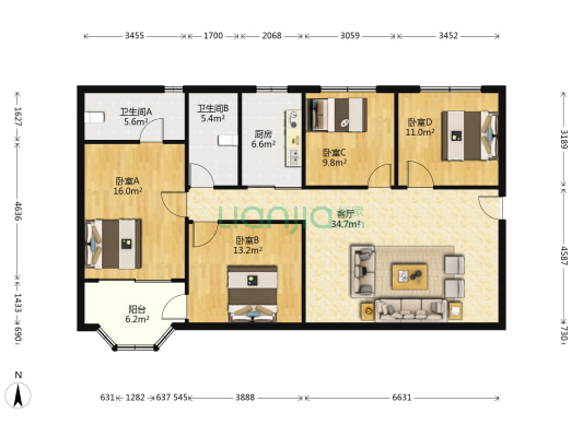 灵艺大厦 4室1厅2卫 162平方