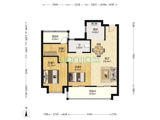 旭辉翡翠江来 3室1厅1卫 92平方