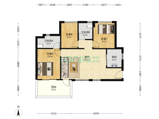 万科幸福悦B区 3室1厅2卫 85平方