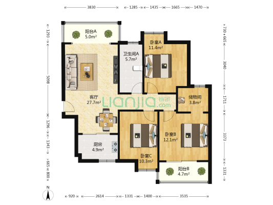 汉口湖畔二期 3室1厅1卫 106平方