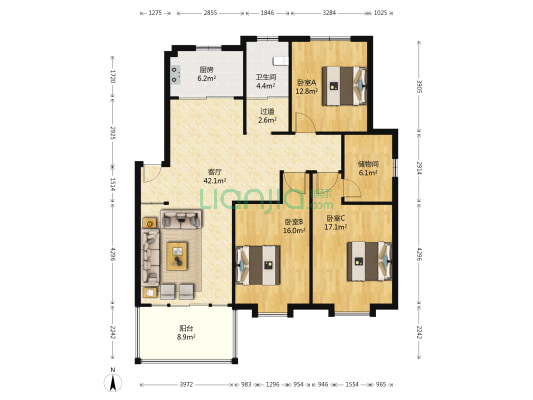 阳光公寓 3室1厅1卫 133平方